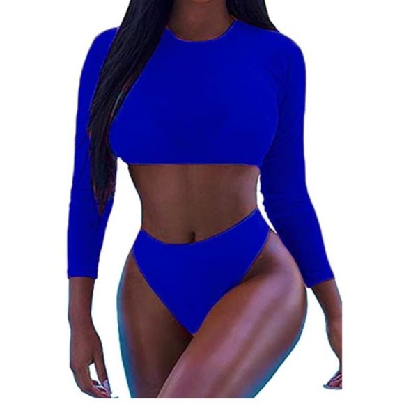 Meyeeka Womens Sexy High Waist Rash Guard Swimwear Long Sleeve 3PCS Swimsuit - Picture 1 of 7